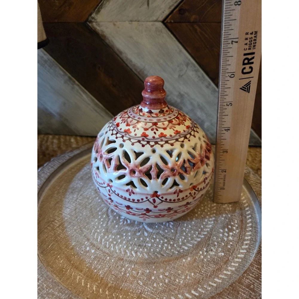 Hand Painted Ceramic Tea Light Candle Holder Pierced Lattice Globe Luminary